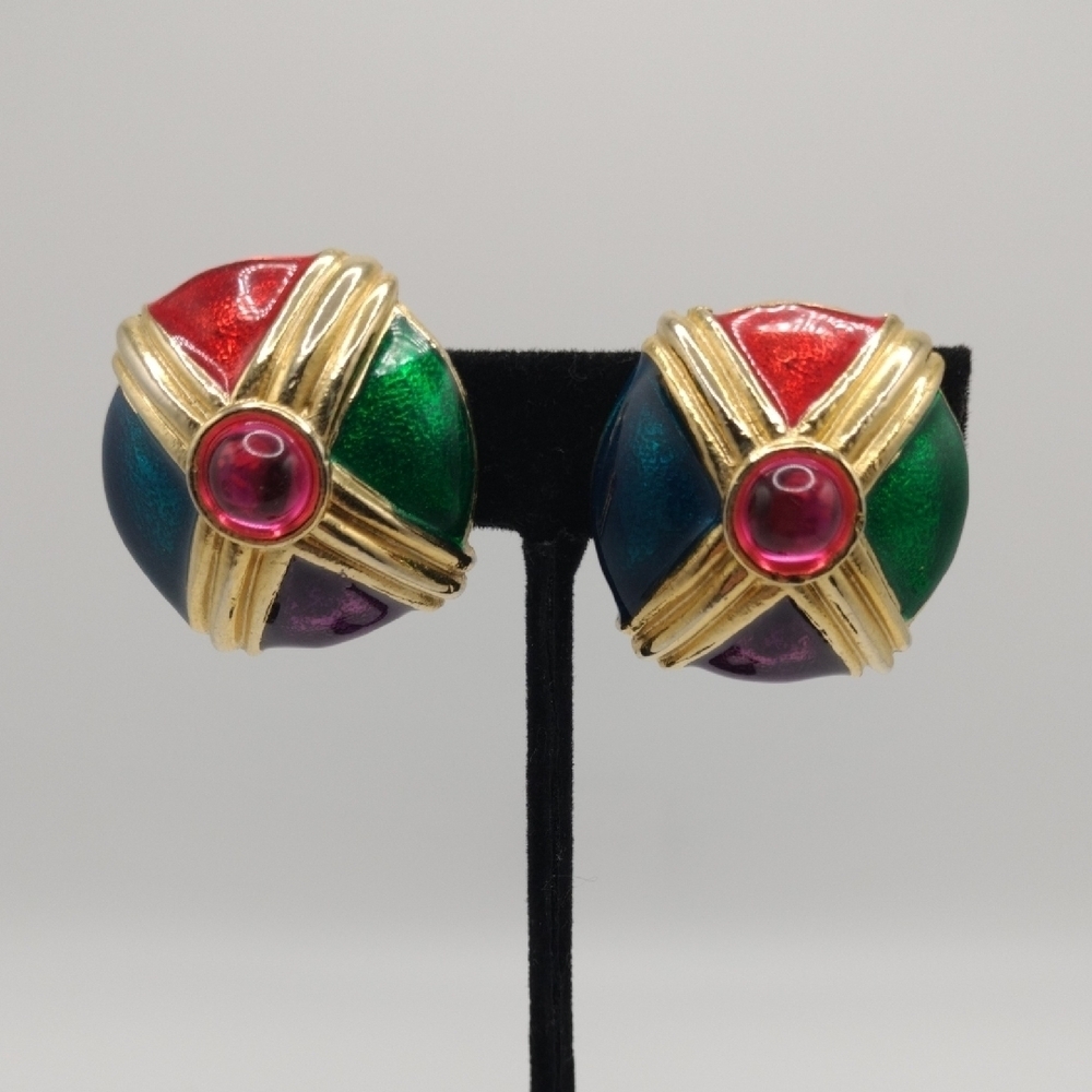 Women's Multicolor Enamel  Pink Rhinestone Gold-Tone Clip On Earrings Formal E51